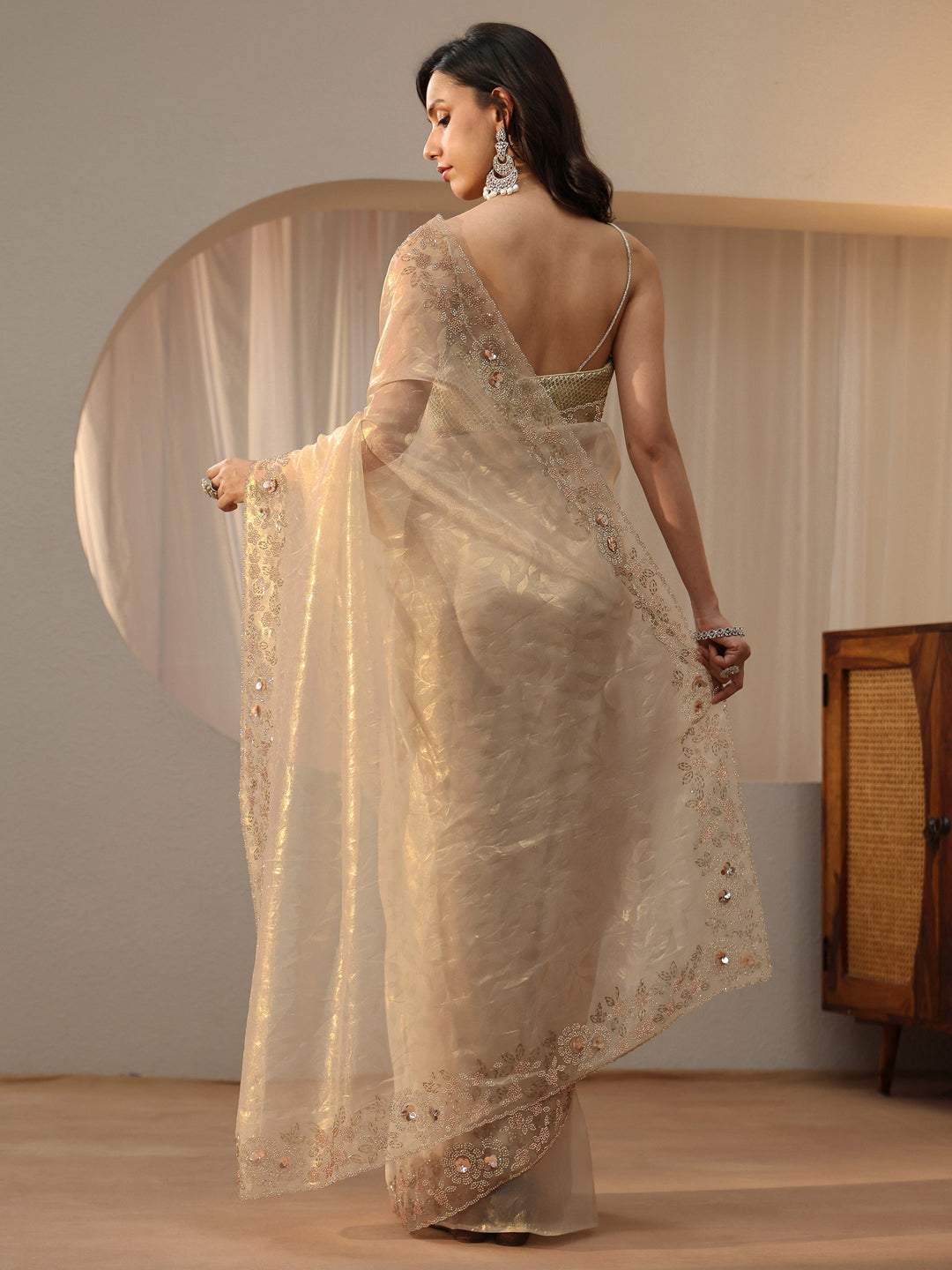  Cream Floral Embellished Tissue Saree 
