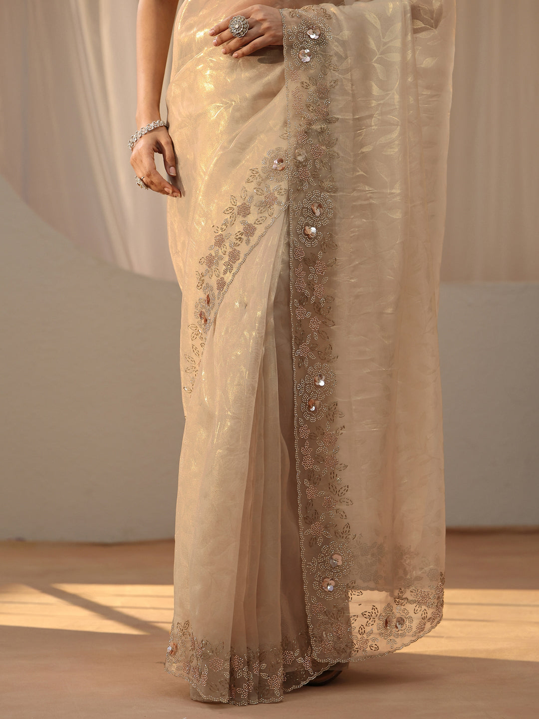  Cream Floral Embellished Tissue Saree 