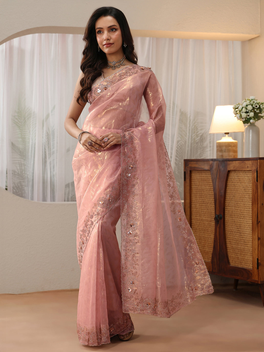  Blush Pink Floral Embellished Tissue Saree 