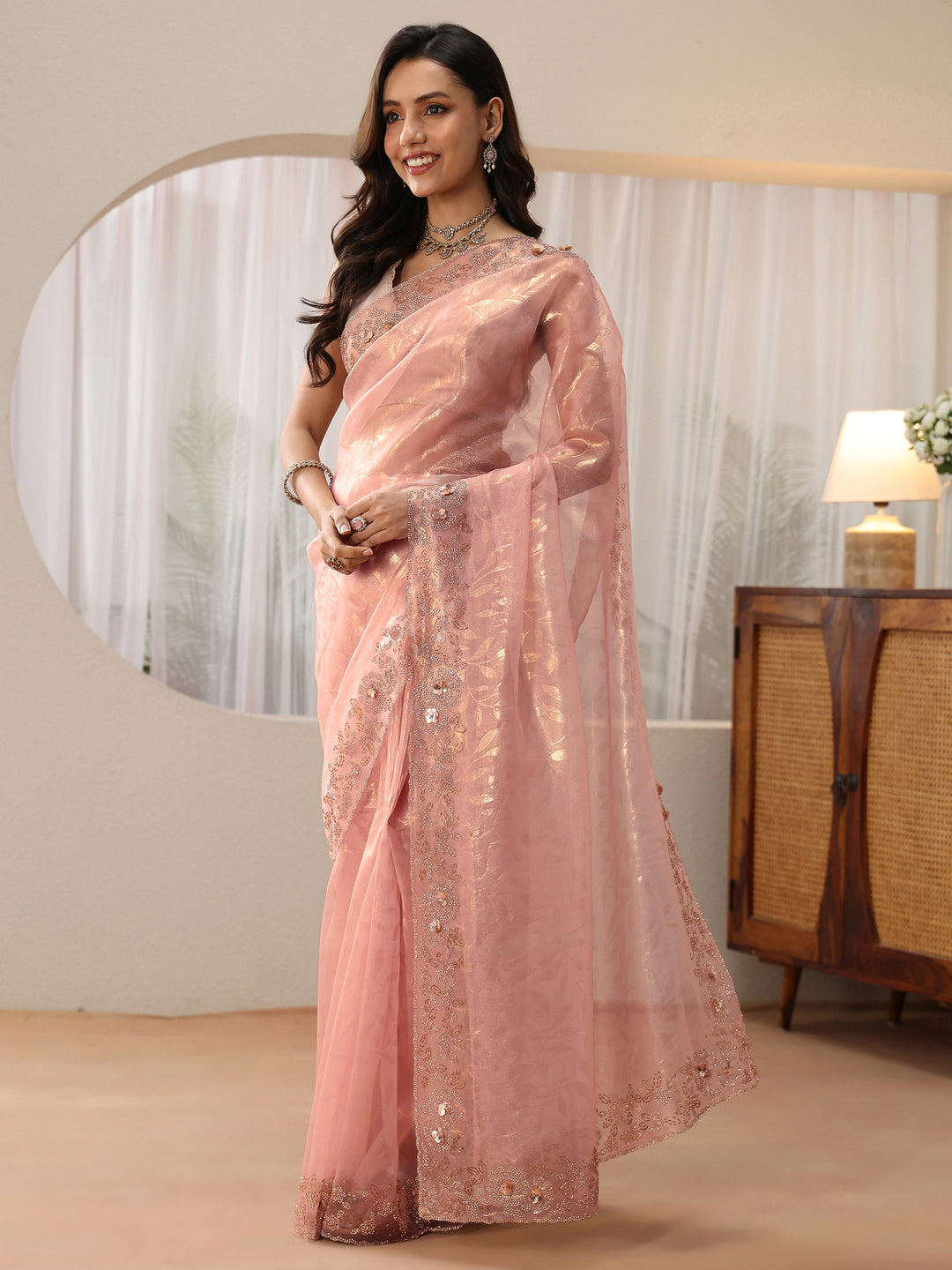  Blush Pink Floral Embellished Tissue Saree 