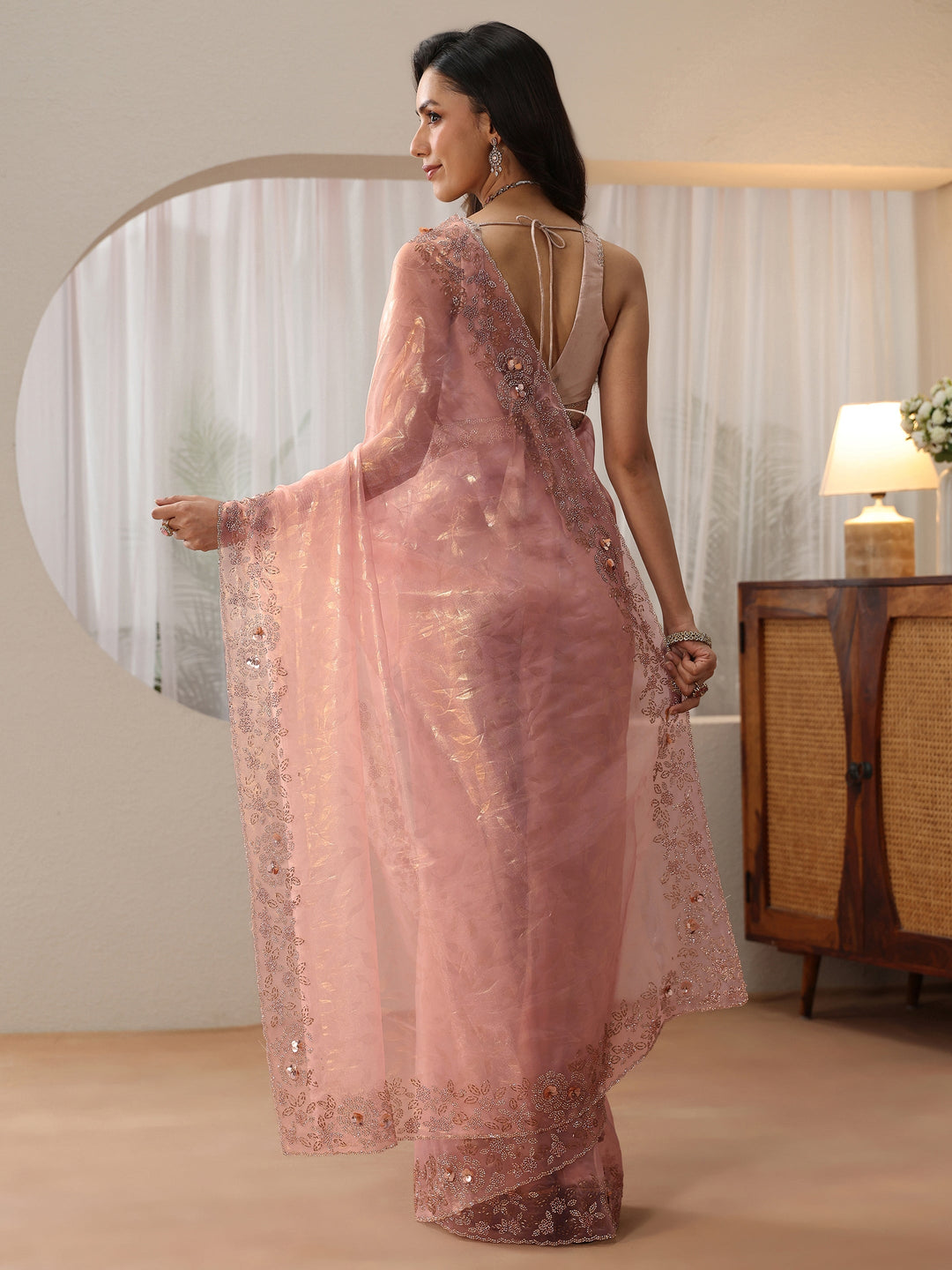  Blush Pink Floral Embellished Tissue Saree 