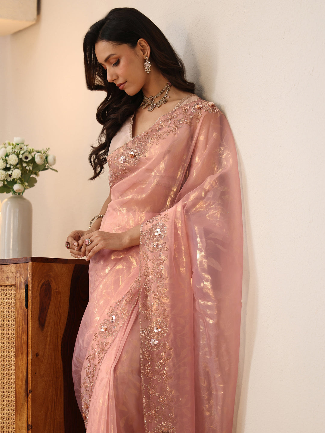  Blush Pink Floral Embellished Tissue Saree 