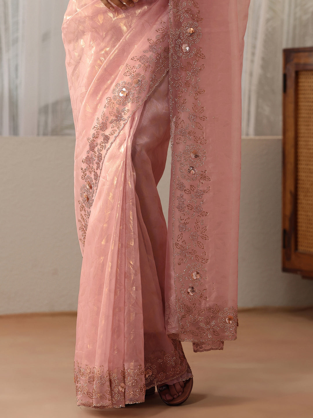  Blush Pink Floral Embellished Tissue Saree 