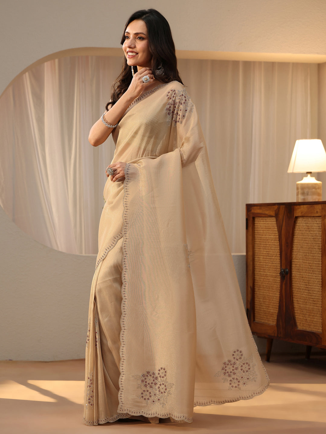  Cream Floral Embellished Tissue Saree 