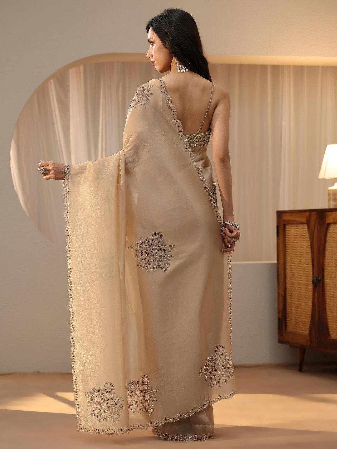  Cream Floral Embellished Tissue Saree 