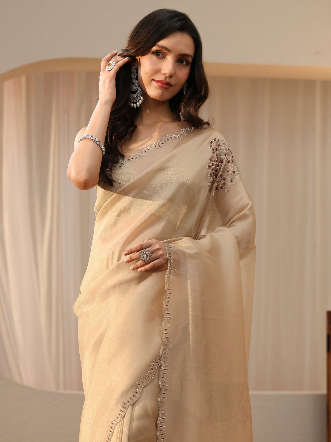  Cream Floral Embellished Tissue Saree 