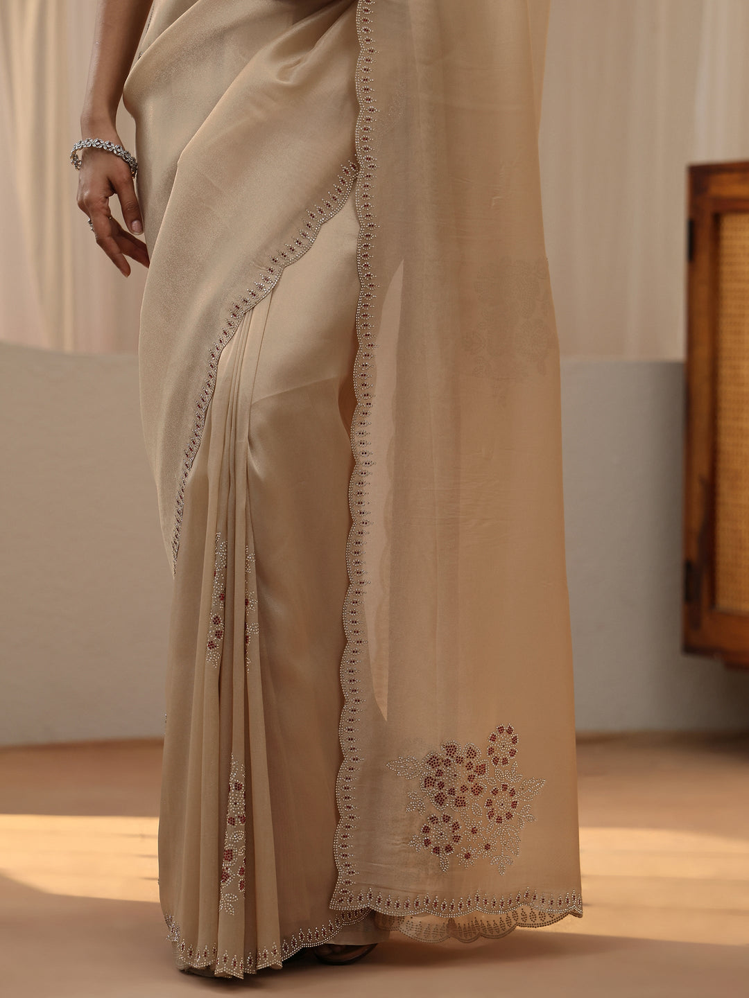  Cream Floral Embellished Tissue Saree 