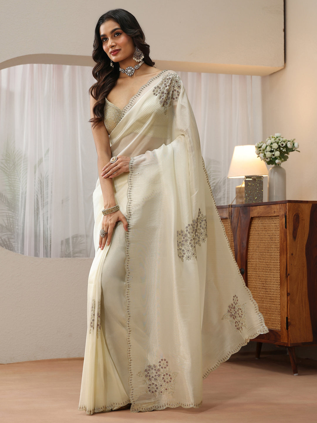 Ivory Floral Embellished Tissue Saree 