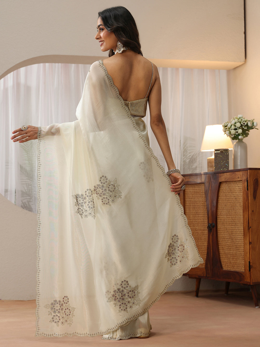  Ivory Floral Embellished Tissue Saree 