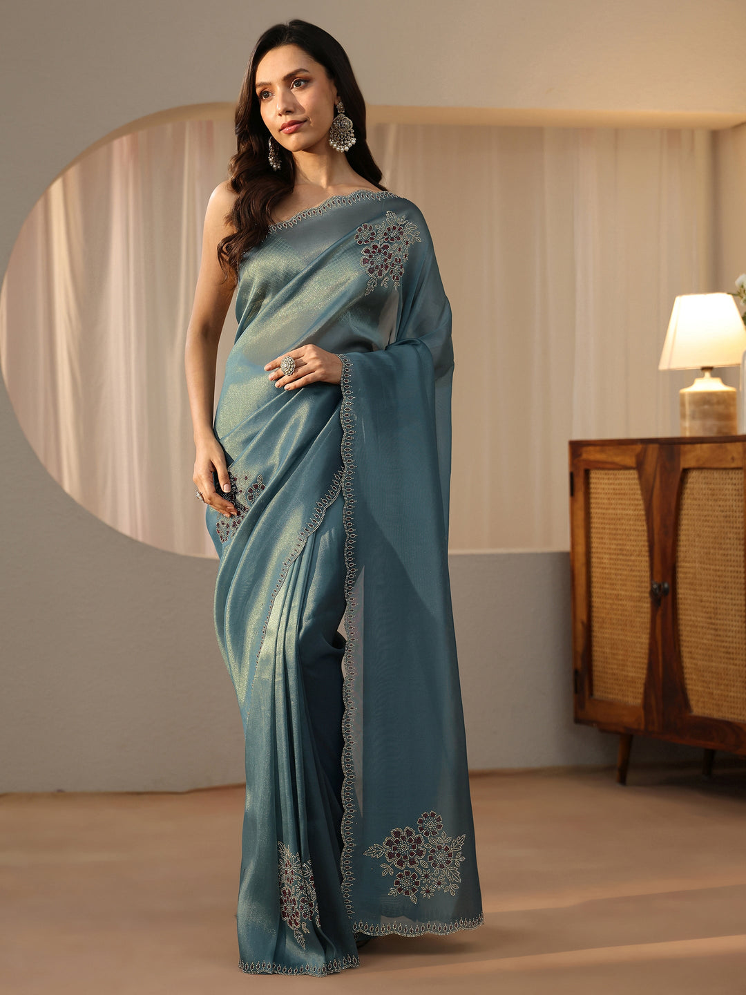  Grey Blue Floral Embellished Tissue Saree 