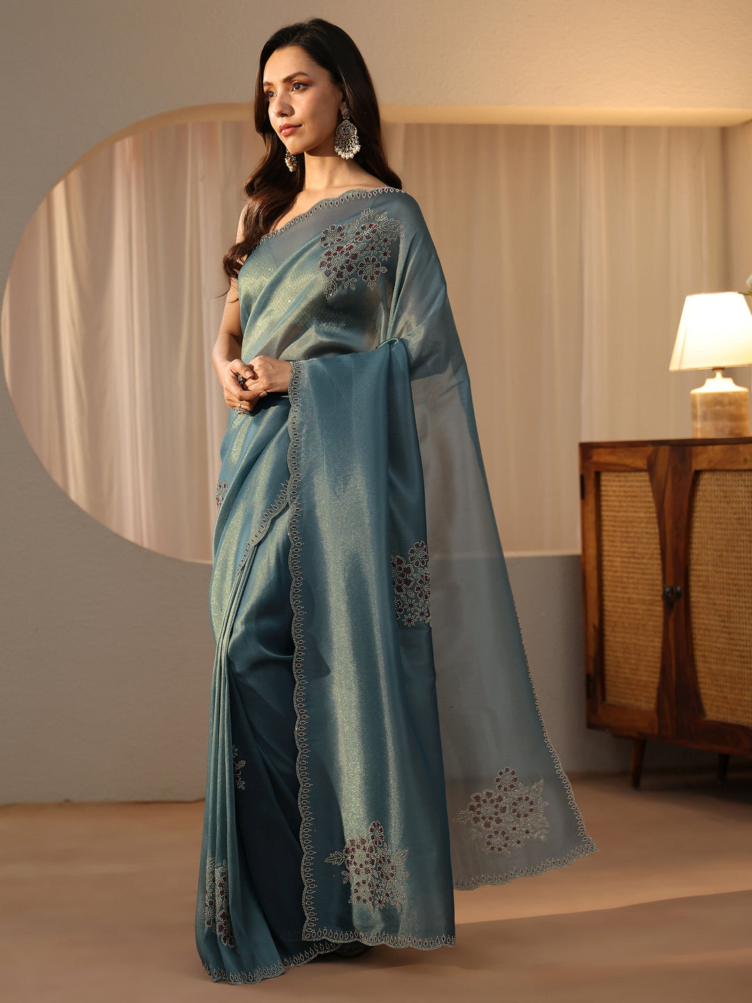 Grey Blue Floral Embellished Tissue Saree 
