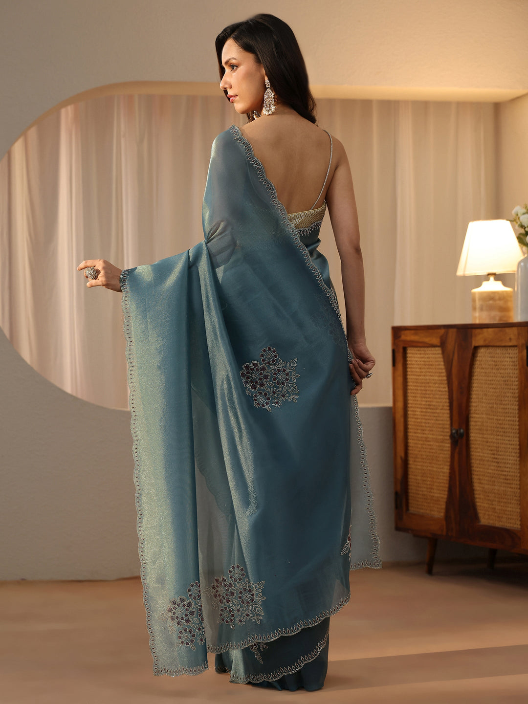  Grey Blue Floral Embellished Tissue Saree 