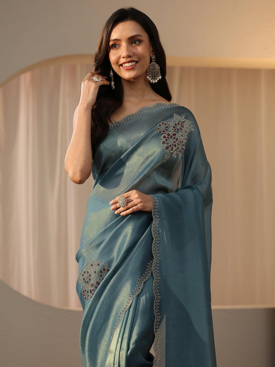  Grey Blue Floral Embellished Tissue Saree 