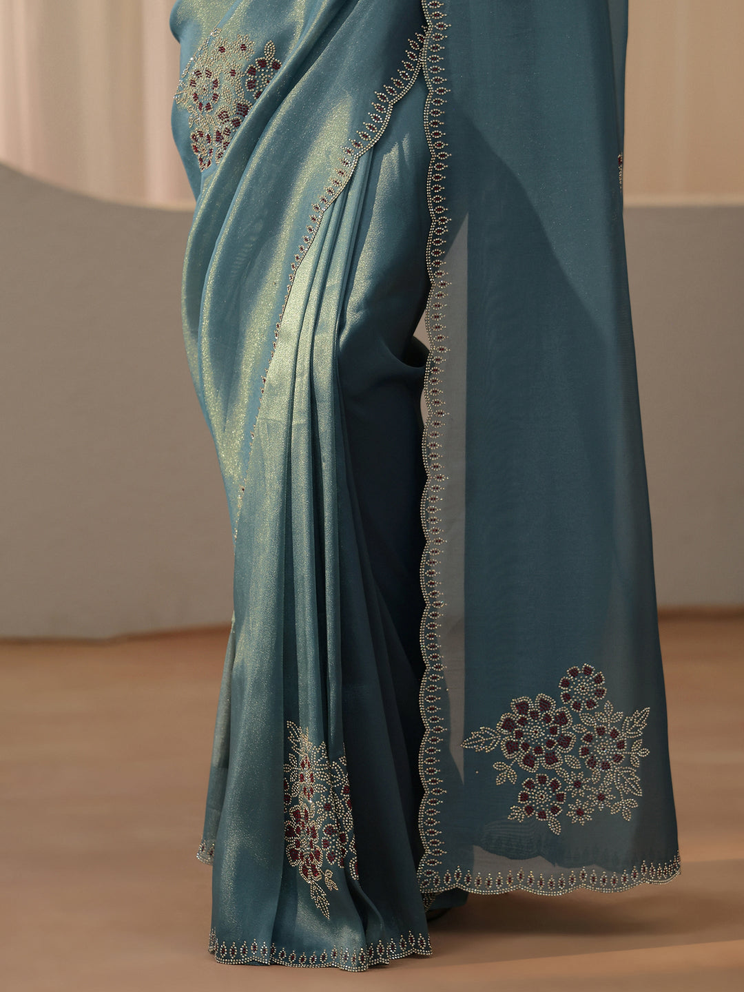  Grey Blue Floral Embellished Tissue Saree 