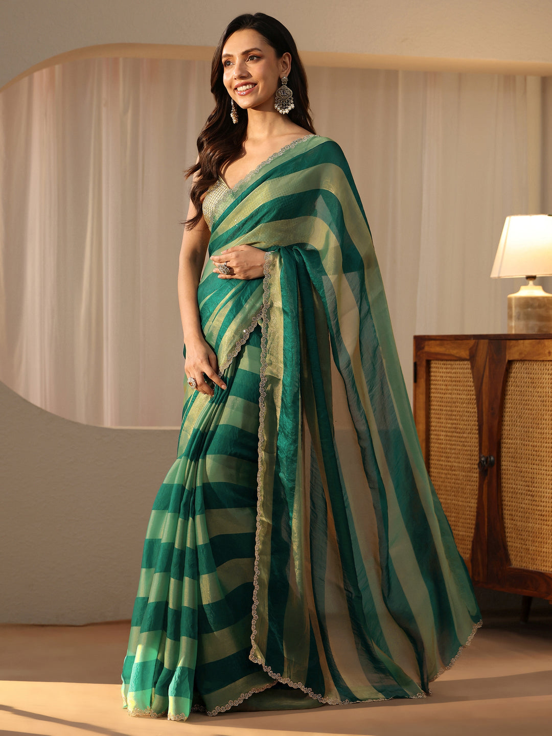  Green Striped Silk Blend Saree 