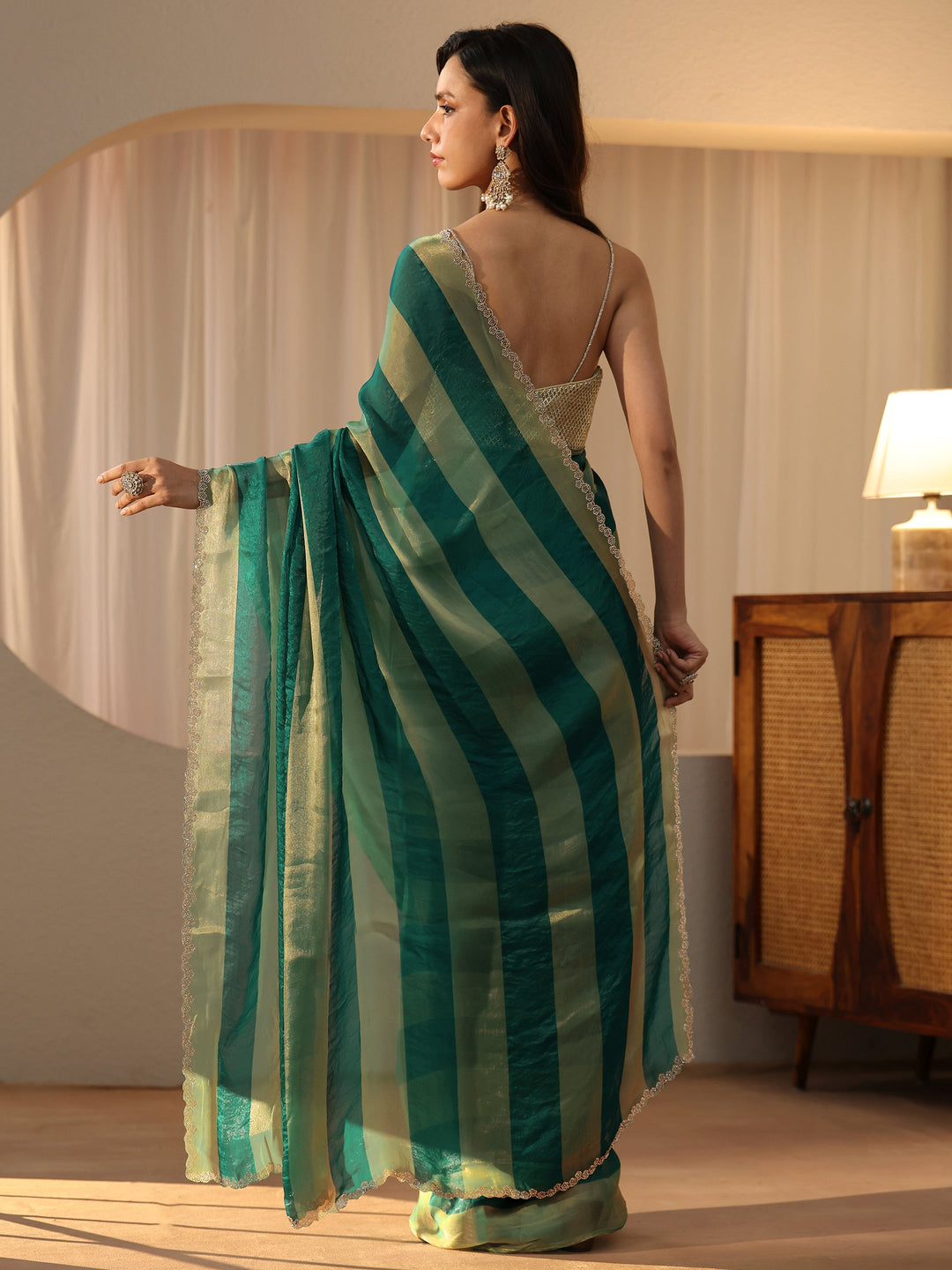  Green Striped Silk Blend Saree 