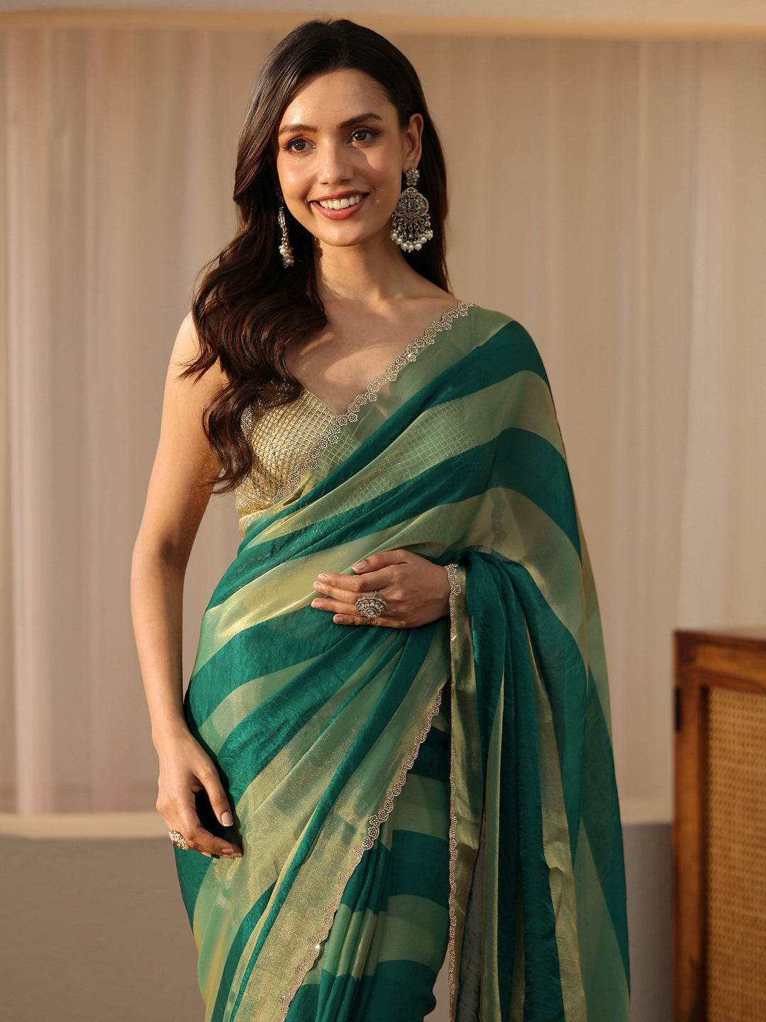  Green Striped Silk Blend Saree 