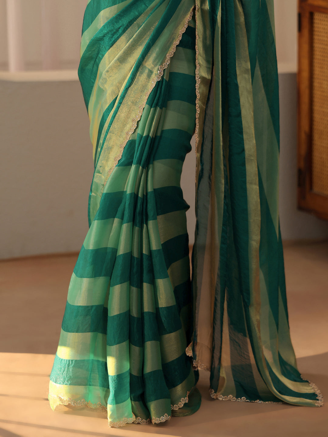  Green Striped Silk Blend Saree 