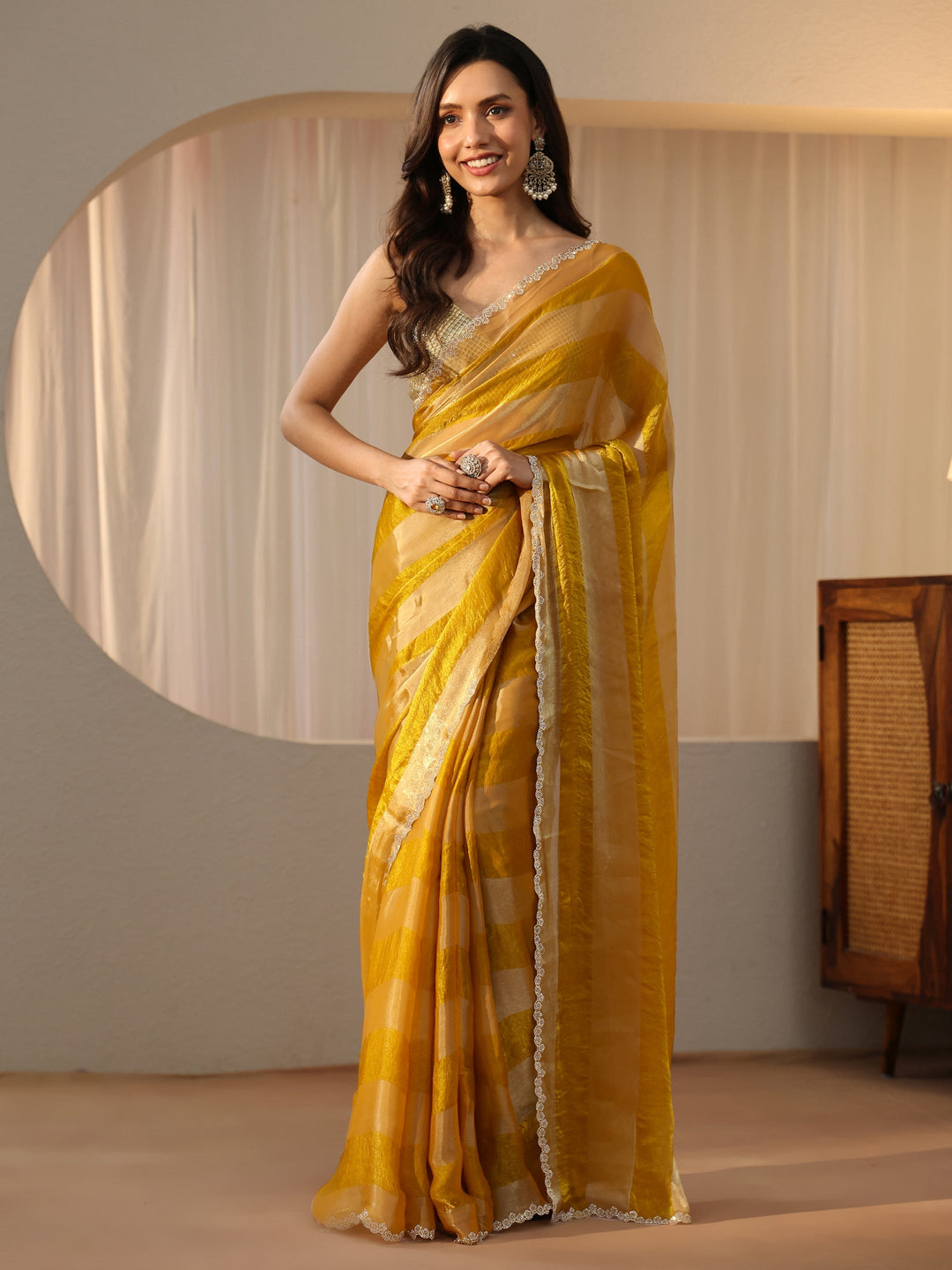  Mustard Striped Silk Blend Saree 