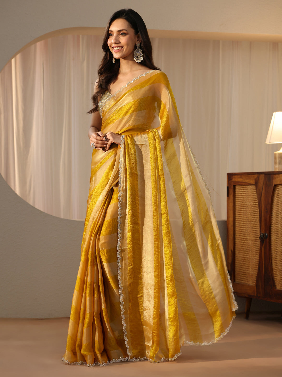  Mustard Striped Silk Blend Saree 