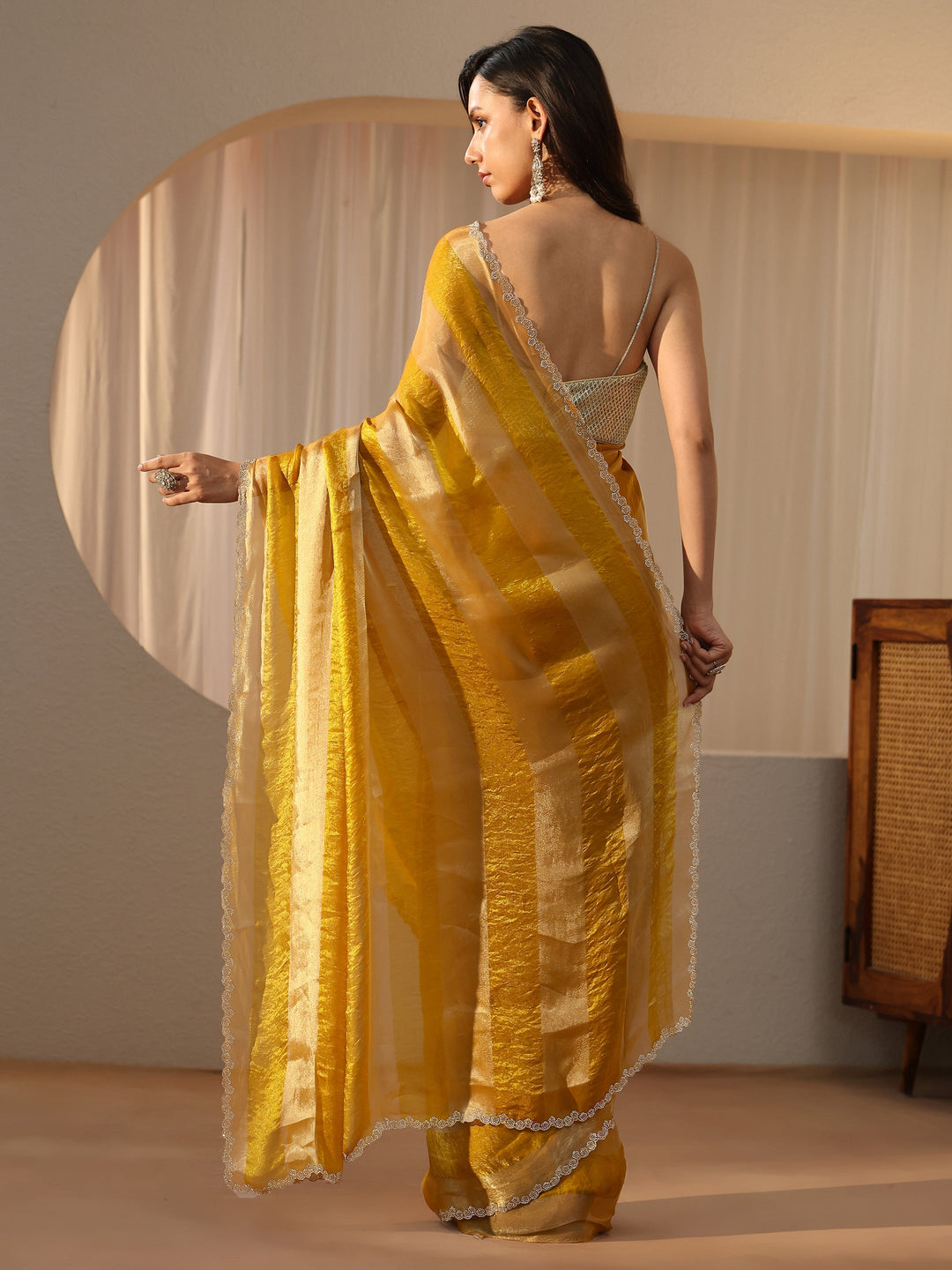  Mustard Striped Silk Blend Saree 