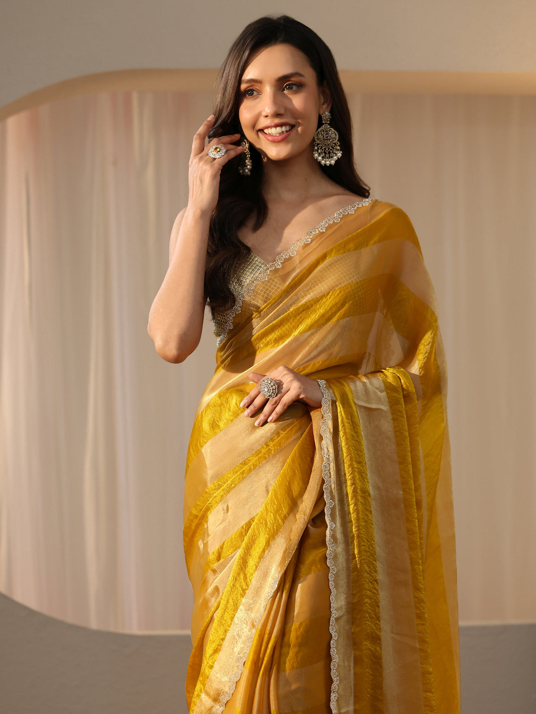  Mustard Striped Silk Blend Saree 