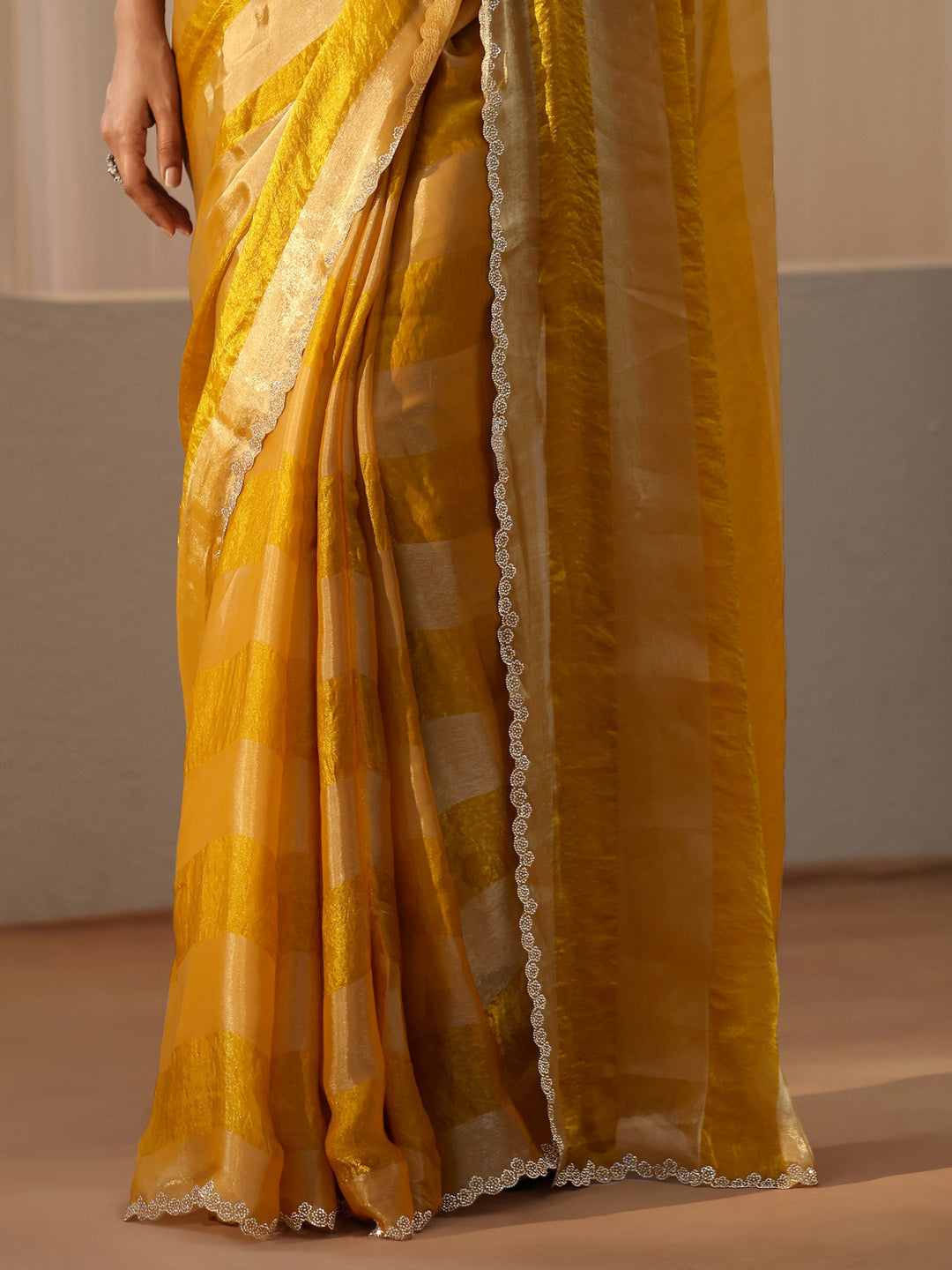  Mustard Striped Silk Blend Saree 
