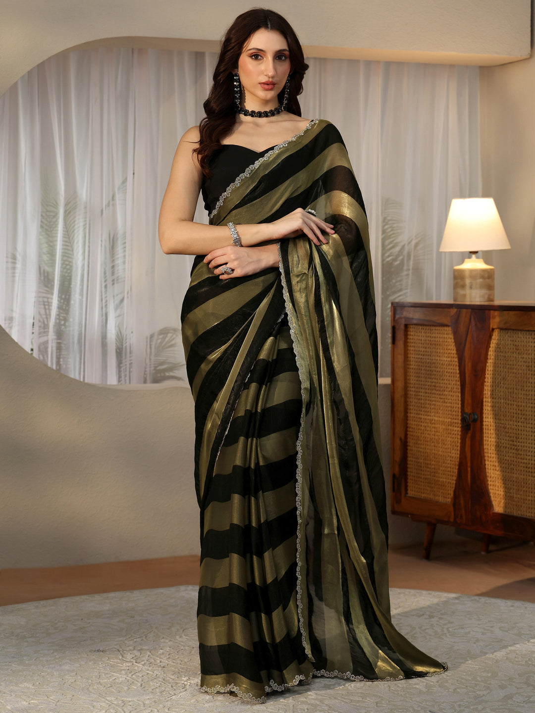  Black Striped Silk Blend Saree 
