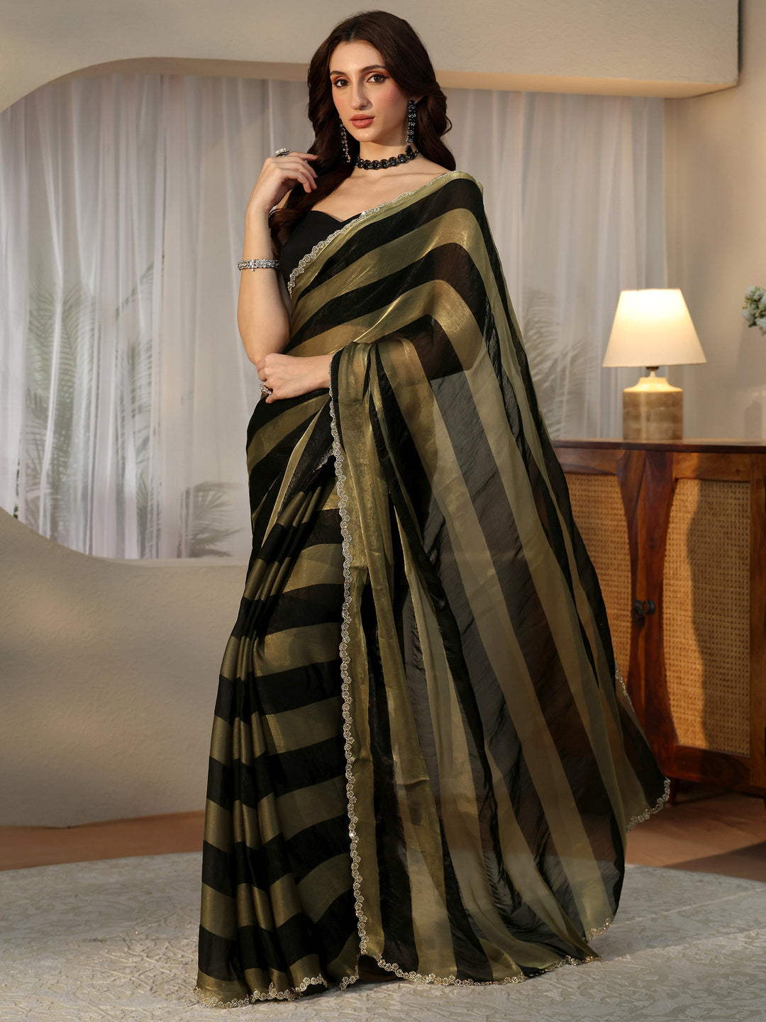  Black Striped Silk Blend Saree 