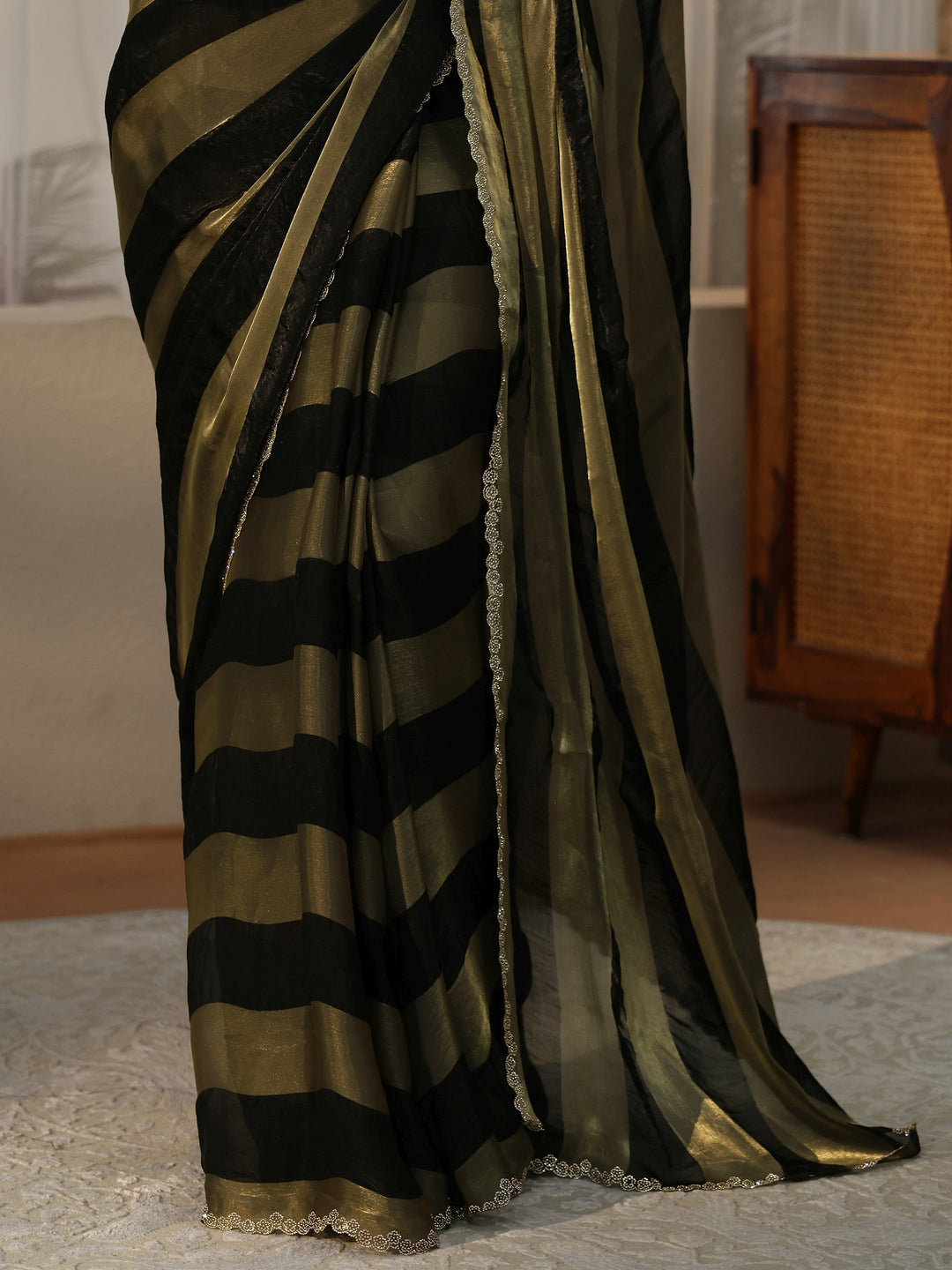  Black Striped Silk Blend Saree 