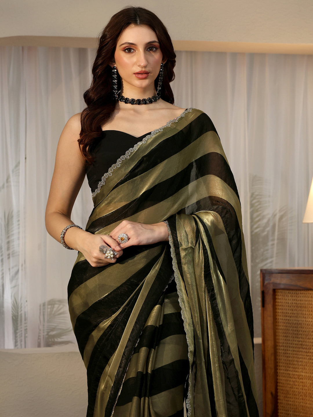  Black Striped Silk Blend Saree 