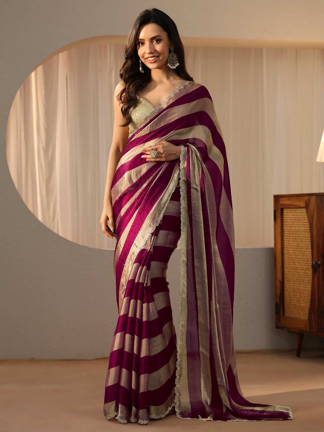  Burgundy Striped Silk Blend Saree 