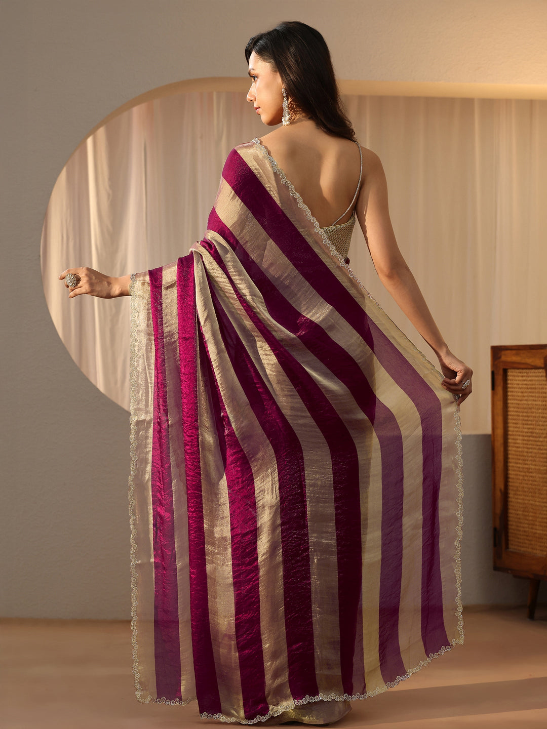  Burgundy Striped Silk Blend Saree 