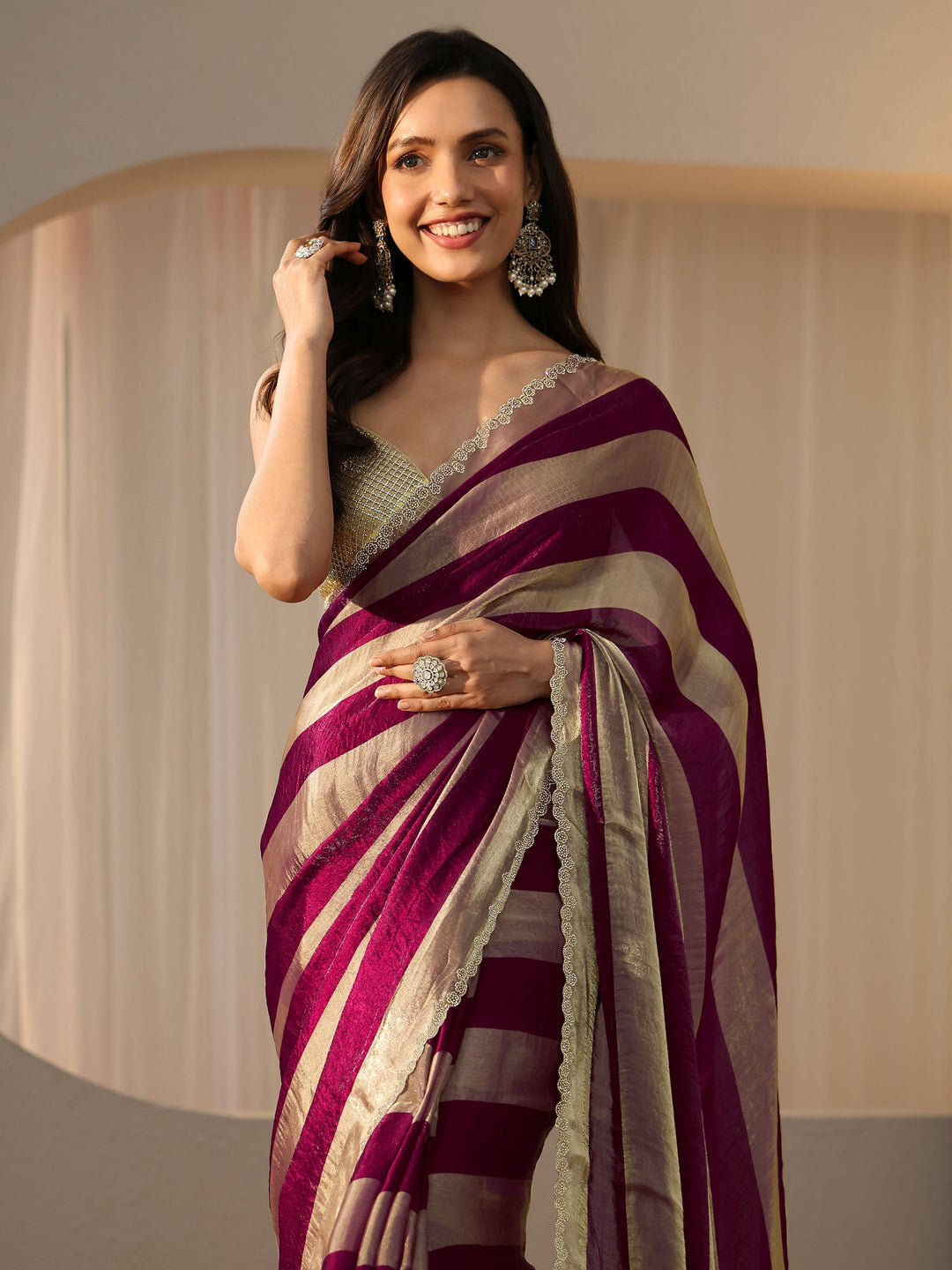  Burgundy Striped Silk Blend Saree 
