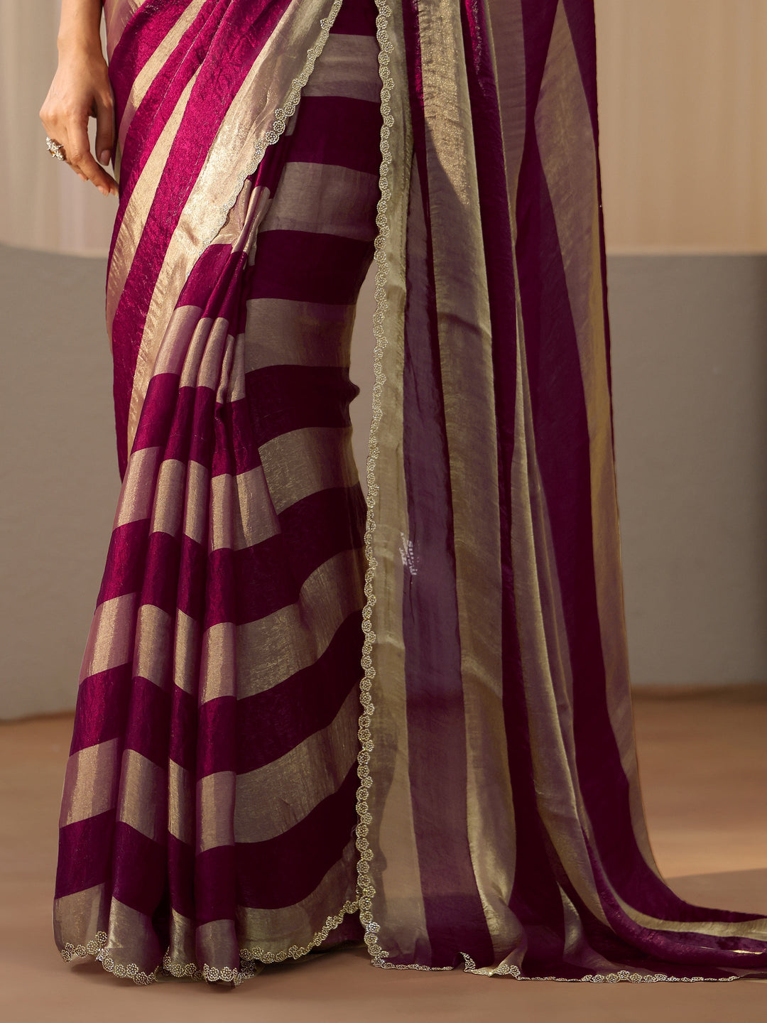  Burgundy Striped Silk Blend Saree 