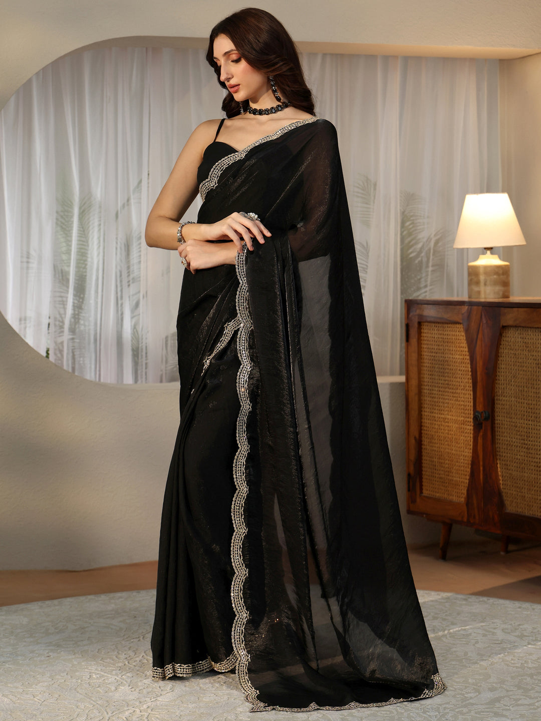  Black Silk Blend Saree with Embellished Border 