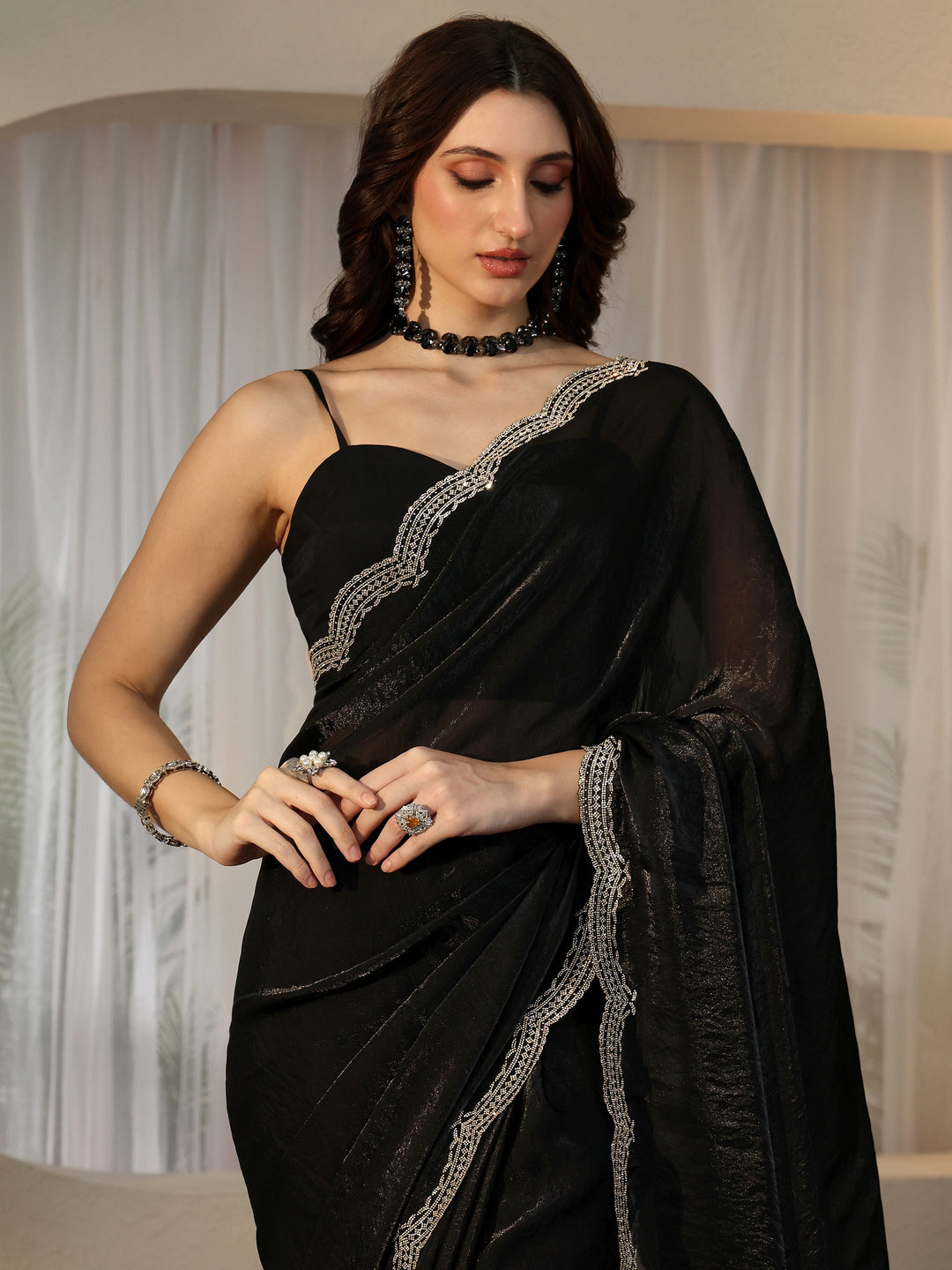  Black Silk Blend Saree with Embellished Border 