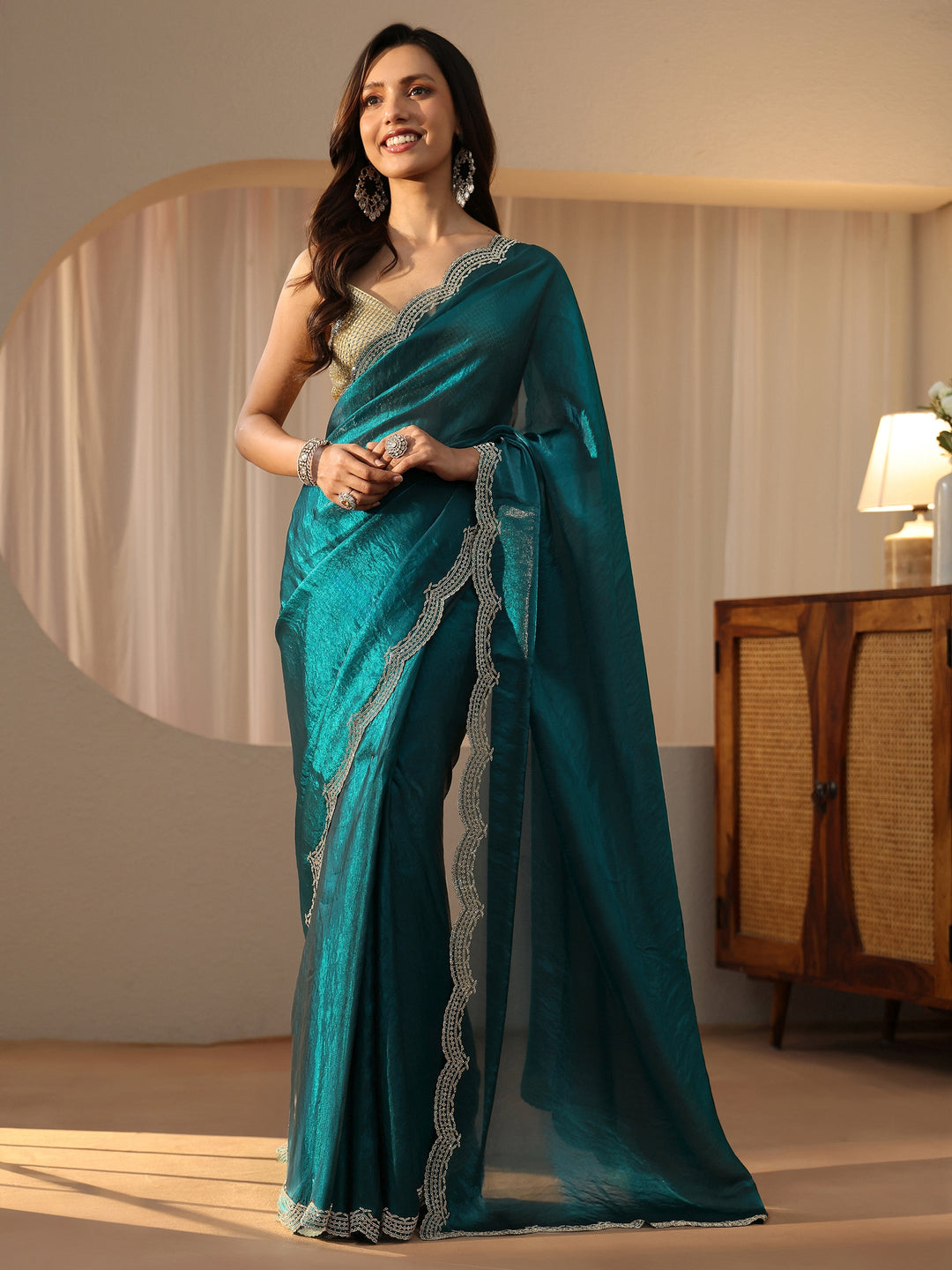  Blue Silk Blend Saree with Embellished Border 