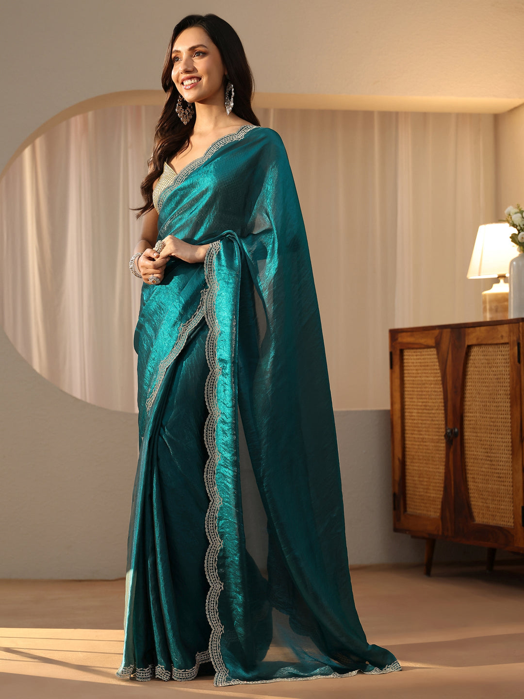  Blue Silk Blend Saree with Embellished Border 