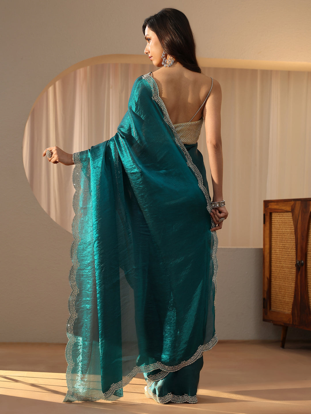  Blue Silk Blend Saree with Embellished Border 