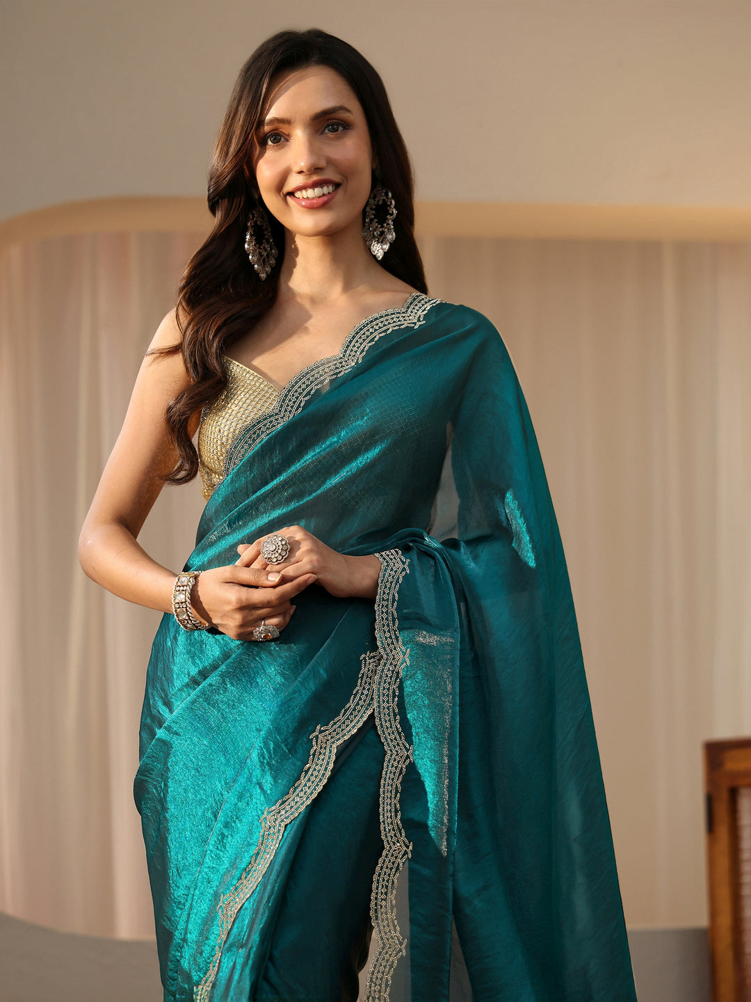  Blue Silk Blend Saree with Embellished Border 