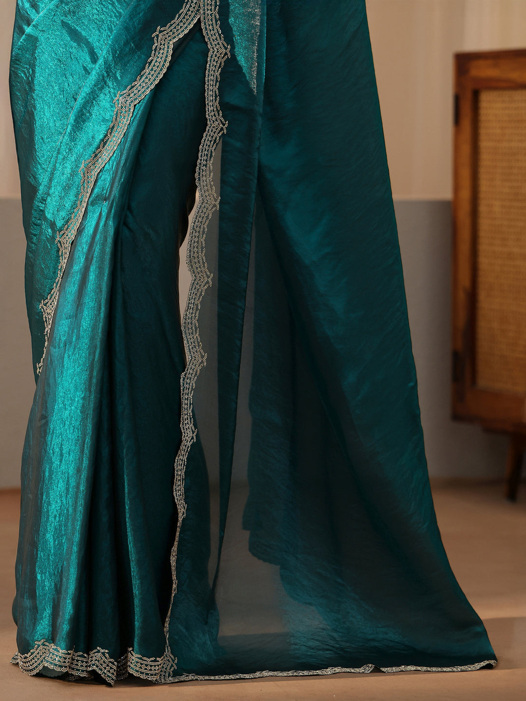  Blue Silk Blend Saree with Embellished Border 