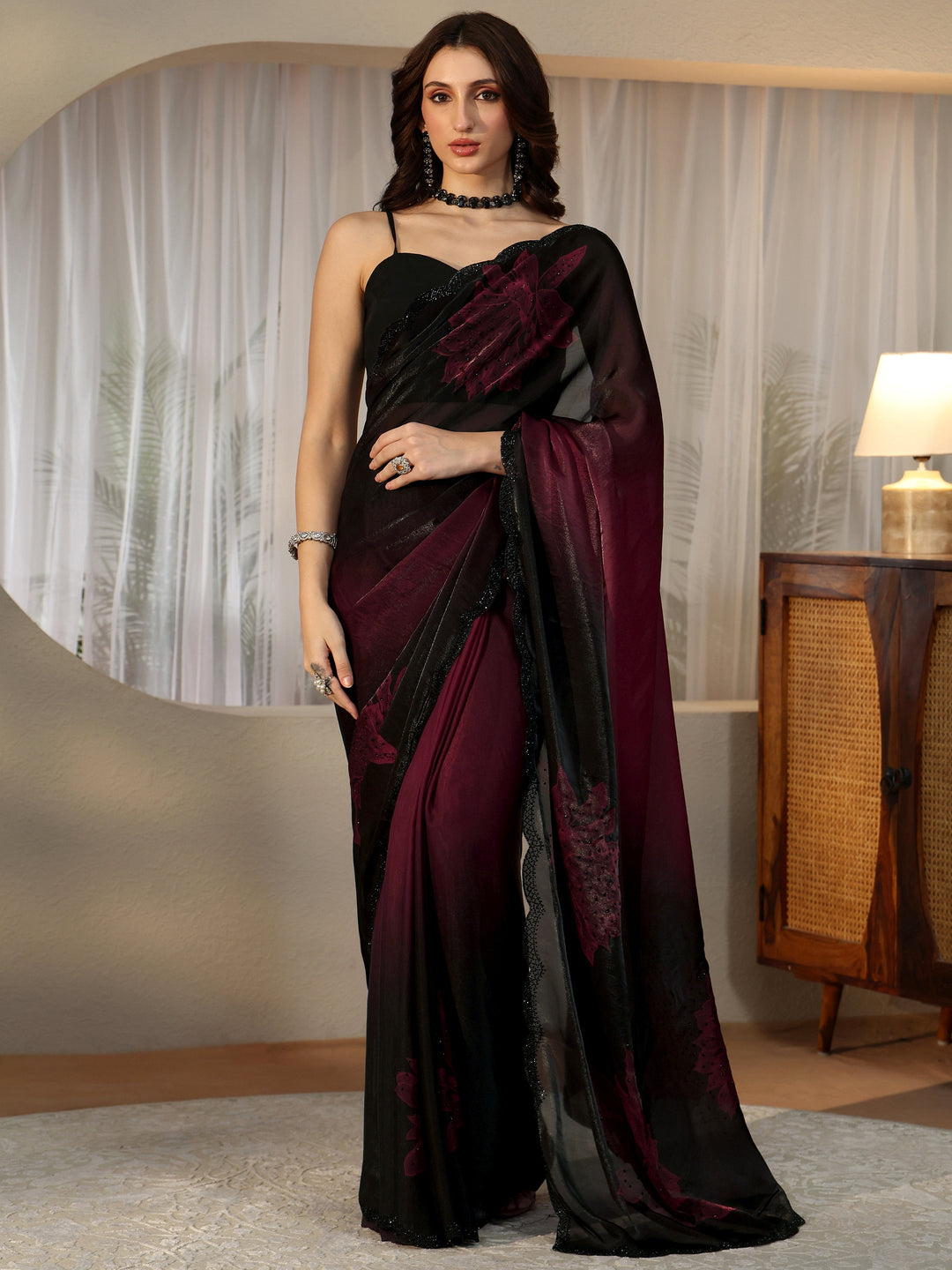  Maroon Floral Embellished Silk Blend Saree 