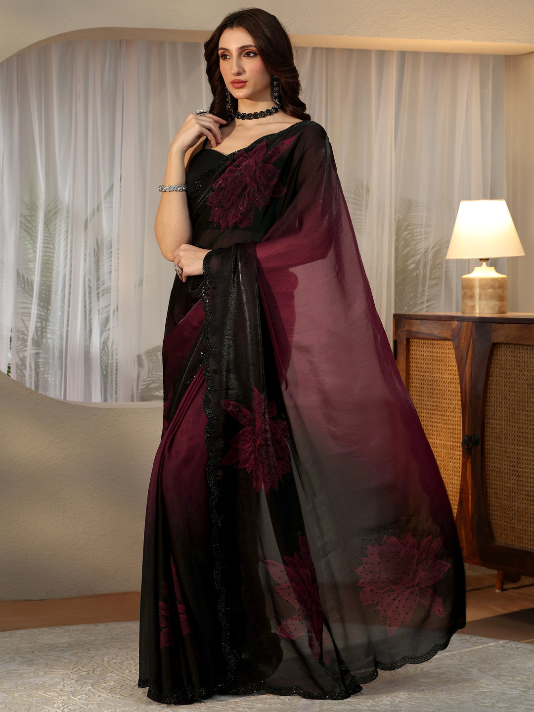  Maroon Floral Embellished Silk Blend Saree 