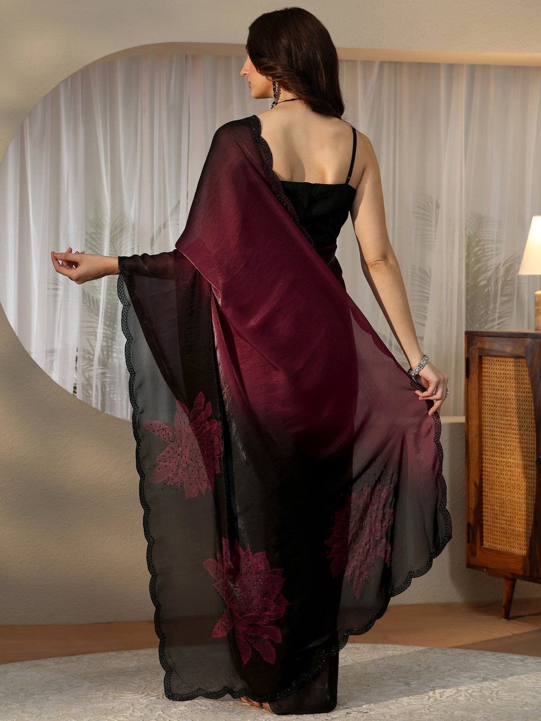  Maroon Floral Embellished Silk Blend Saree 