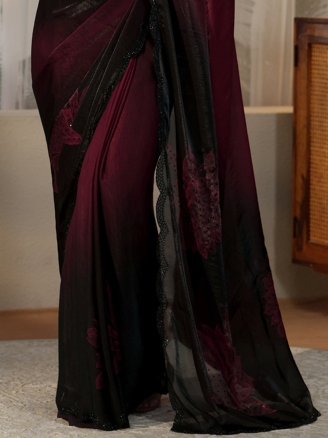  Maroon Floral Embellished Silk Blend Saree 