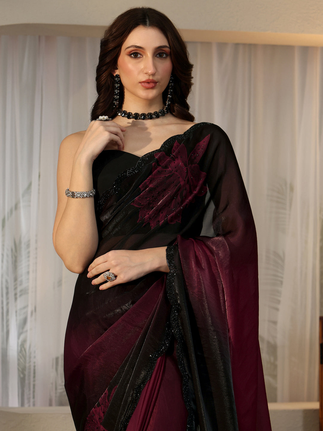  Maroon Floral Embellished Silk Blend Saree 
