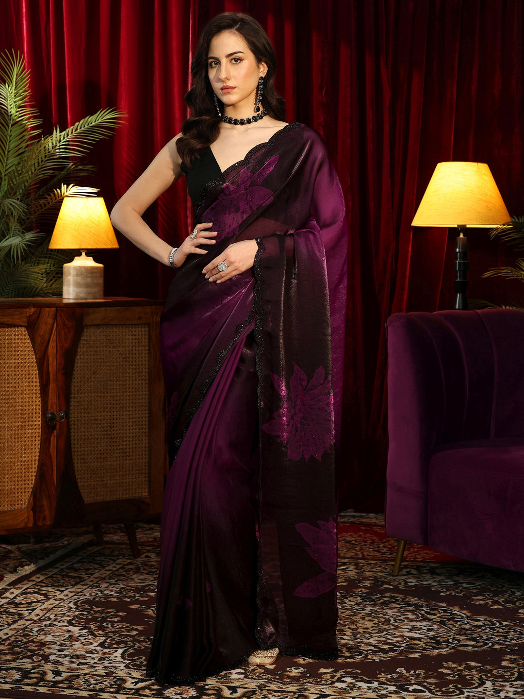  Purple Floral Embellished Silk Blend Saree 