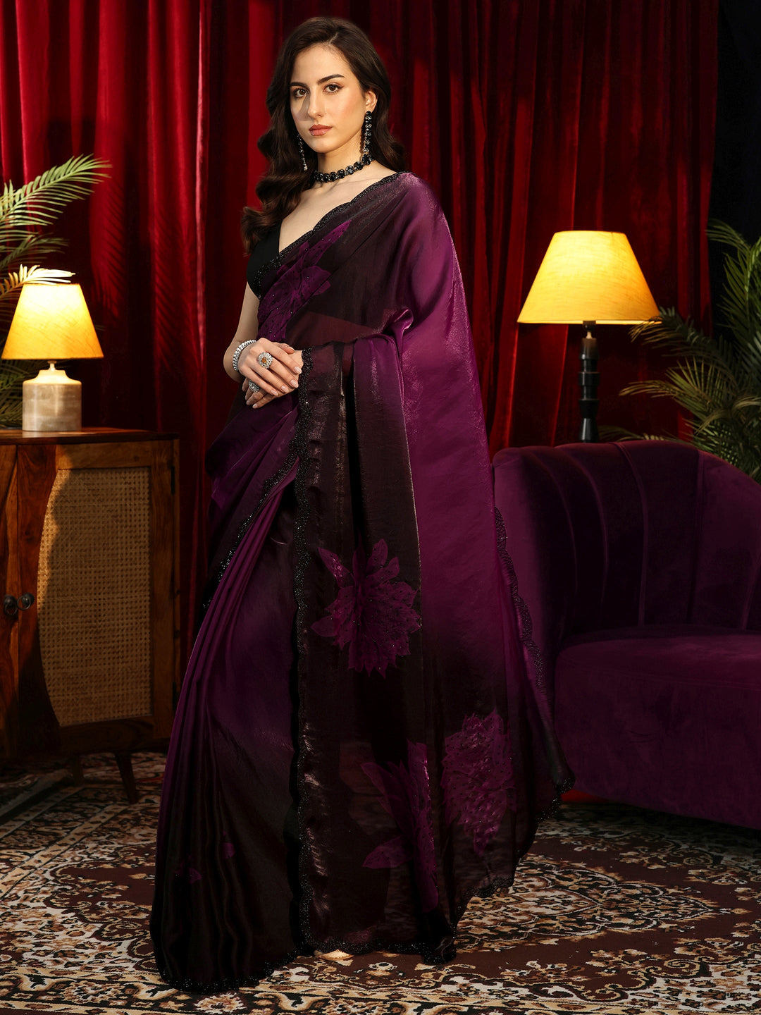  Purple Floral Embellished Silk Blend Saree 