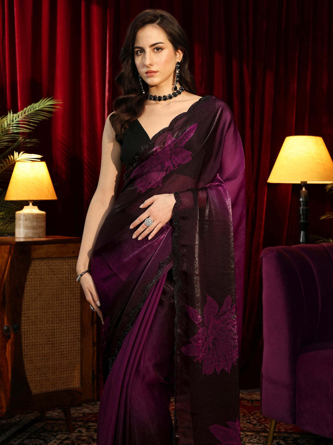  Purple Floral Embellished Silk Blend Saree 